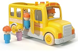 Wanborns School Bus Toys with 5 Play Figures for Toddlers, Kids Car Toys with Light & Sound, and Trucks can Open Doors and Stop Signs, Birthday Gifts for 18M+ 2 3 4 5 Years Old Boys (Wooden+Plastics)