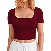 CLOZOZ Crop Tops for Women Square Neck Tops Short Sleeve Crop Tops Basic Cropped T Shirts for Women Slim Fit Crop T-Shirt Maroon
