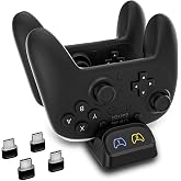 HEATFUN Switch Pro Controller Charger Dock, Dual USB-C, LED, Black | 2 USB-C adapters included, compact design with recommended 5V/2A power input