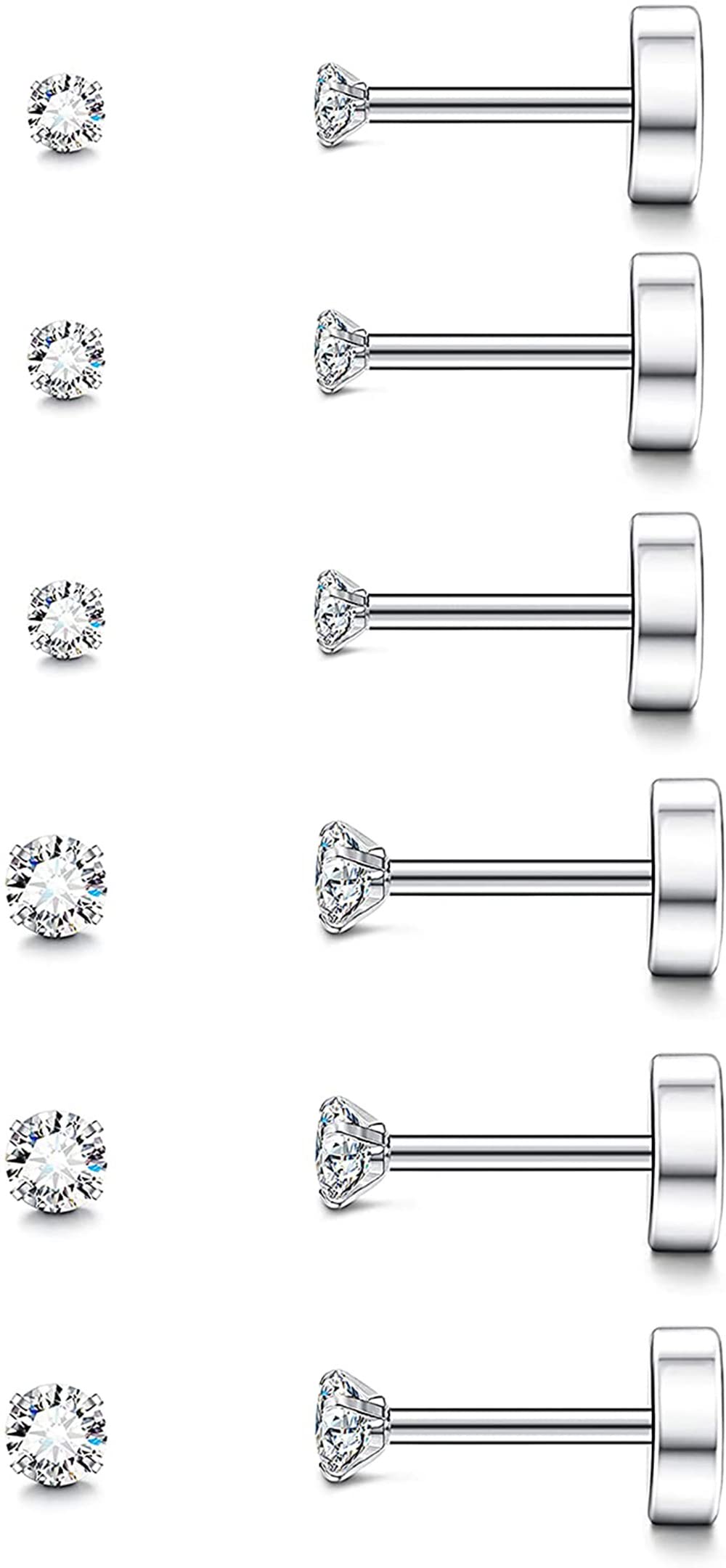 ORAZIO Silver Flat Back Stud Earrings For Women Girls Surgical Steel Small Screw Back Stud Earrings Hypoallergenic Earring Stack Helix Tragus Piercing Jewellery