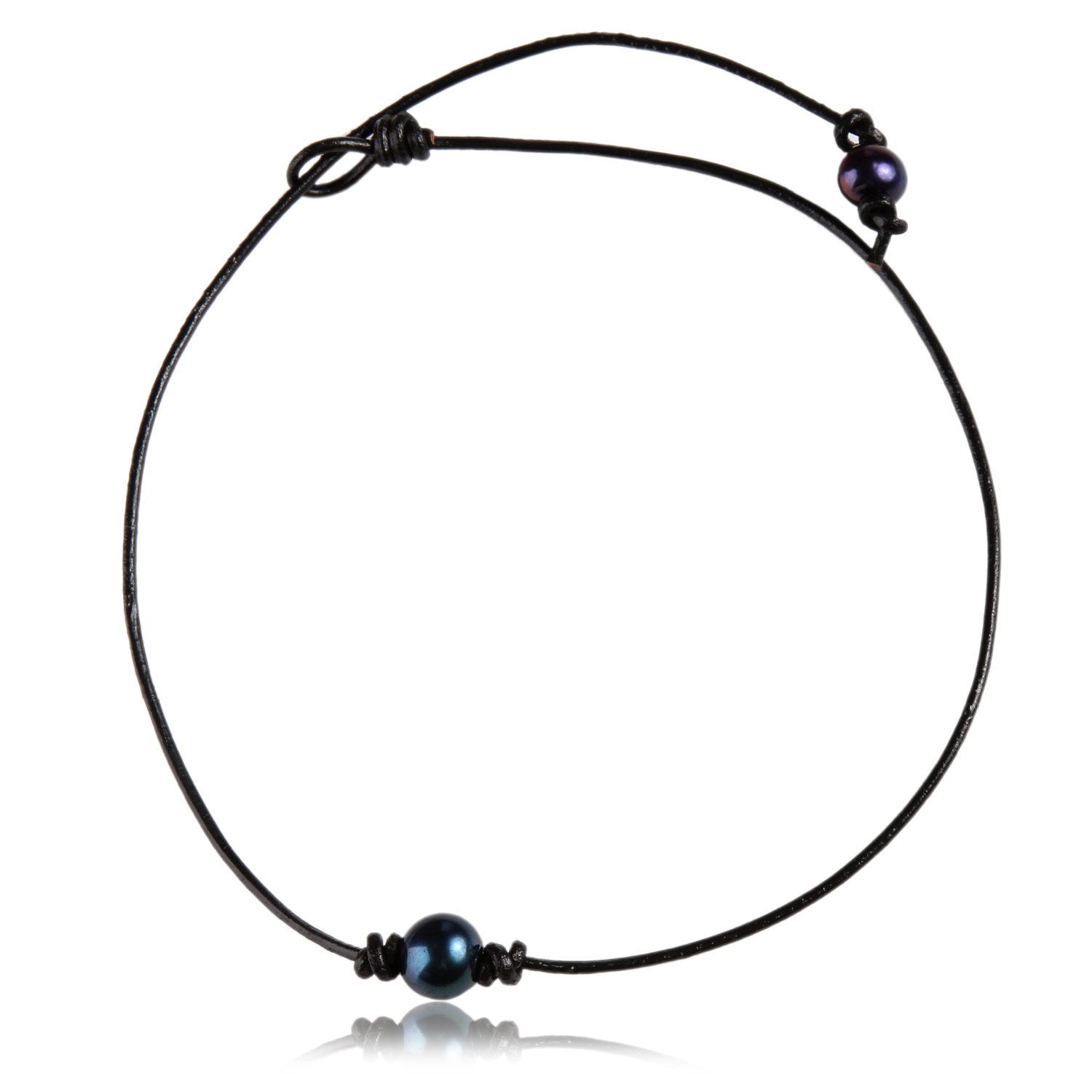 Barch Young Single Peacock Pearl Choker Necklace On Genuine Black Leather Cord of Length 18In for Women Handmade