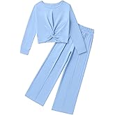 Girls Fall Outfits Fashion Solid Long Sleeve Twist Crop Tops and Wide Leg Pants Girls Clothing Set