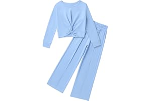 Gaupafmb Girls Fall Outfits Fashion Solid Long Sleeve Twist Crop Tops and Wide Leg Pants Girls Clothing Set