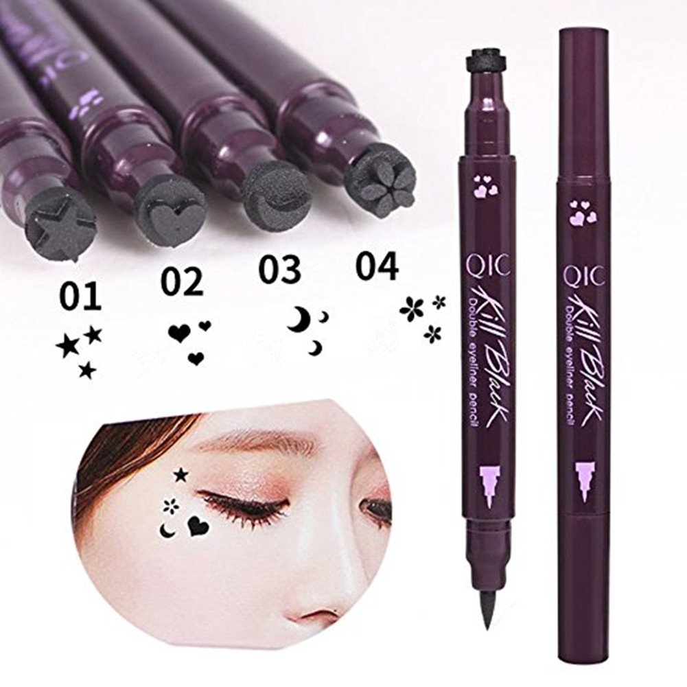Eyeliner Stamps, Waterproof Black Liquid Eyeliner Pen Star Heart Moon Flower Shape Stamps Tattoo Eyes Liner Makeup Tools, 4 Pcs/Set