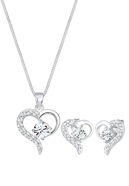 Elli Damen Schmuckset aus Halskette und Ohrringen Herz Liebe Swarovski Kristalle Edel in 925 Silber