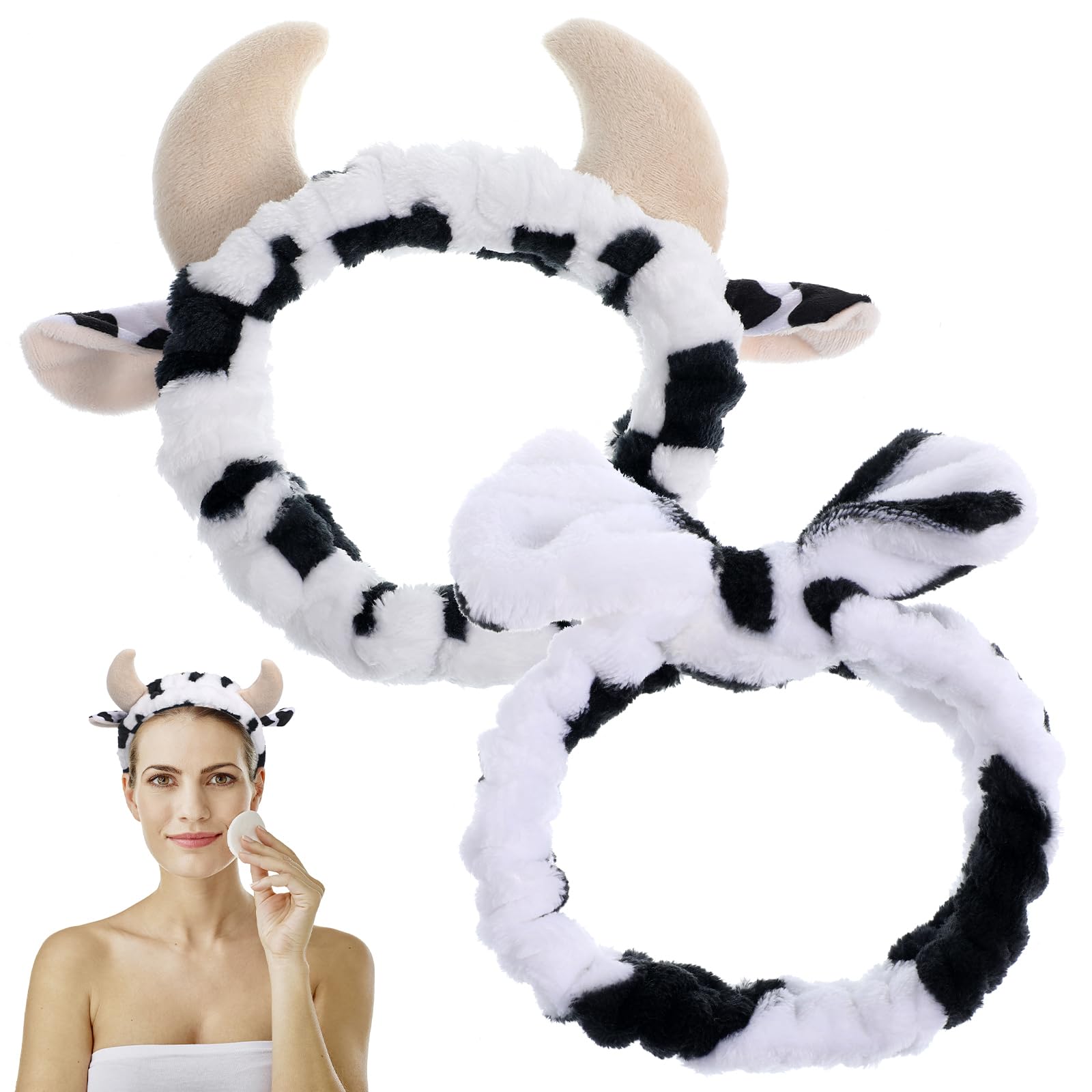 minkissy 2pcs Soft Cow Ears Headband - Makeup Headband Cow Horns Cute Bow Plush for Women Kids Skin Care Washing Face