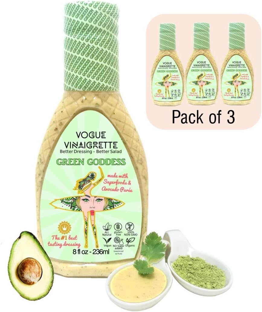 GREEN GODDESS SUPERFOOD Vinaigrette: Vegan - Organic - Non Gmo - Keto - Whole 30 Foods - Gluten Free - No Sugar added - WW Food - #1 Best Tasting Salad Dressing / Dip - Refrigerated (Pack of 3)