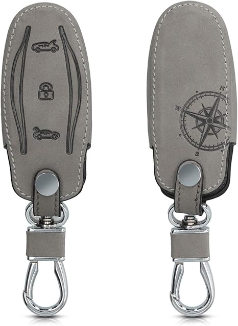 Kwmobile Car Key Cover For Tesla Model S Synthetic Nubuck Leather Protective Fob Cover For Tesla Model S Car Key Navigational Compass Grey