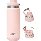 Greylock 20 oz Insulated Water Bottle with Straw Lid, Reusable Stainless Steel Sports Water Bottles with Foldable Handle, Leak Proof, Double-Wall Vacuum Insulation, 24 Hours Cold (Light Pink)