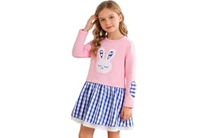 OXUBOAO Toddler Girls Easter Dress Kids Pink Bunny Plaid Skirt Set Long Sleeve Crewneck Cute Causal Clothing