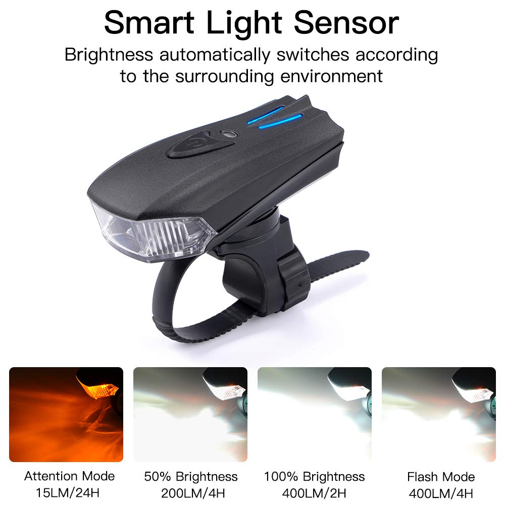 Bike Light Set, USB Rechargeable Cycle Lights, Waterproof Mountain Bicycle Lights, Easy Mount & Quick Release, Super Bright High Safety Front Light & Rear Light (5 Modes, 400 Lumen, 2 USB Cables)