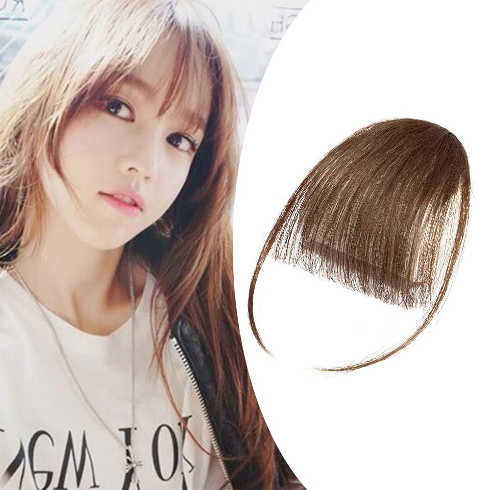 Elailite Clip in Fringe Wispy Air Bangs with Temples Human Hair Real Remy Natura Hair Piece 5 Inch 15g - #4 Medium Brown — image 1