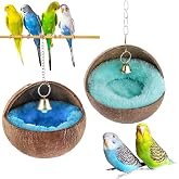 2 Pack Natural Coconut Shell Bird Nest with Pads for Small Parrots | Bird Cage House, Parakeet Nesting Box Practical Bird Bed Cage Accessory Resting and Breeding Shelter for Small Medium Birds