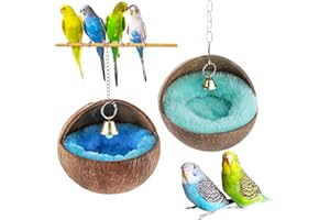 VTURBOWAY 2 Pcs Natural Coconut Shell Bird Nest House Bed Breeding Nesting Anti-Pecking Bite with Warm Pad and Bell for Bird Parrot Budgie Parakeet Cockatiel Conure Lovebird Canary Finch