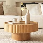 FAME HOME Round Coffee Table, 30.3in Fluted Drum Living Room Table | 30.3&times;13.7in Modern Center Table, Solid Wood Veneer, Farmhouse Tea Tables, Nature Wood, Accent Center Tables for Living Room