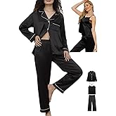 WJing Yi Jia Womens 3Pcs Silk Satin Pajamas Long Set Sexy Cami Top Pajama Sleepwear Silky Pj Sets Loungewear Pjs XS-4XL
