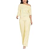 JTNFairy Two Piece Sets for Women 2026 Casual Plus Size Striped Off-Shoulder 3/4 Sleeve Wide Leg Pants Vacation Outfits