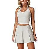 ABOCIW Womens 2 Piece Tennis Skirt Set V Neck Halter Tank Top Pleated High Waisted Skirt Skort Active Golf Outfits