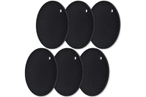 homEdge Silicone Round Trivets, 6 Pack Heat Resistant Non Slip Pot Holders-Black, 7x0.24x7 inches, Food Grade Silicone, Honey