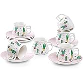 GuangYang 2.5 oz Espresso Cups set of 6, Cute Cactus Pattern (Size for Double Shot Espresso,Ristretto, Macchiato, Café Cubano, and Turkish Coffee)