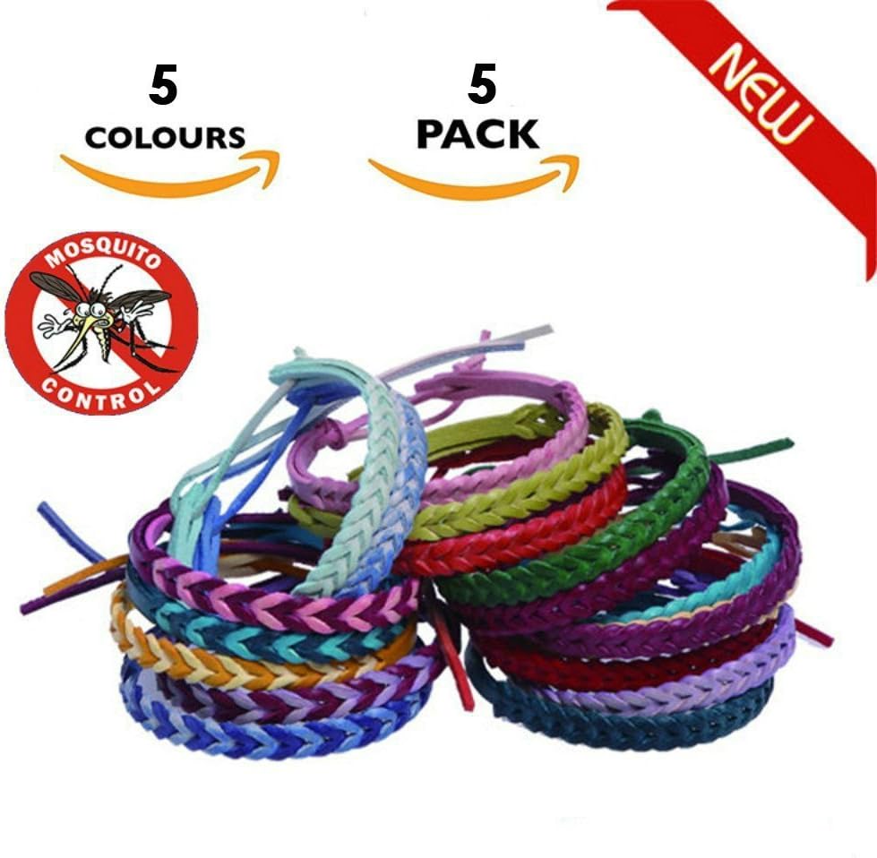 Fashionikon Mosquito Repellent Bracelet 5 pcs / 5 Colours Bug Repellent Leather Bracelet Natural Plant Oils Outdoor & Indoor, Wrist Bands for Adults & Kids -No Spray, Deet-free By