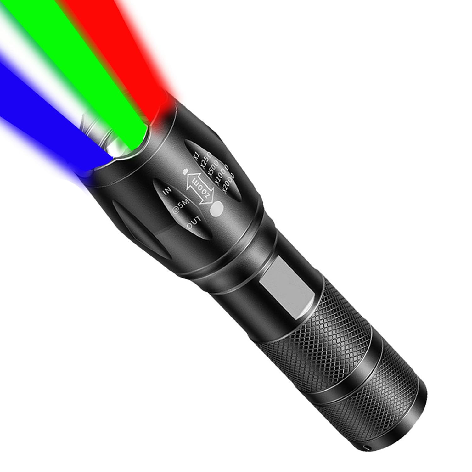 MVIOCS LED Red Flashlight Rechargeable, Zoomable, Waterproof, Powerful, 4 Color in 1 LED Green Light, Blue Light, White Light Flashlight Torch for Home, Outdoor, Camping, Night Observation