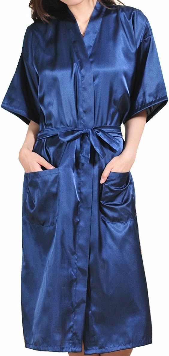 SexyTown Women's Long Kimono Robe Satin Nightwear with Pockets (Medium,A-Blue)