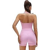 SUUKSESS Women 2 Piece Workout Sets Halter Neck Padded Yoga Tank Tops High Waisted Biker Shorts with Pockets