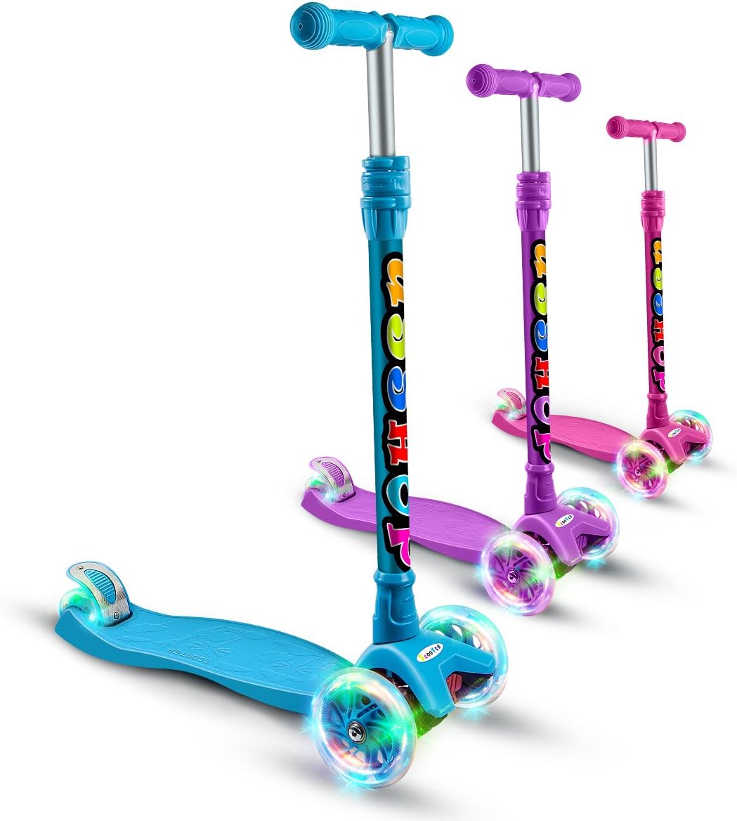 OUTON Kick Scooter for Kids 3 Wheel Lean to Steer Adjustable Height PU ABEC-7 Flasing Wheels