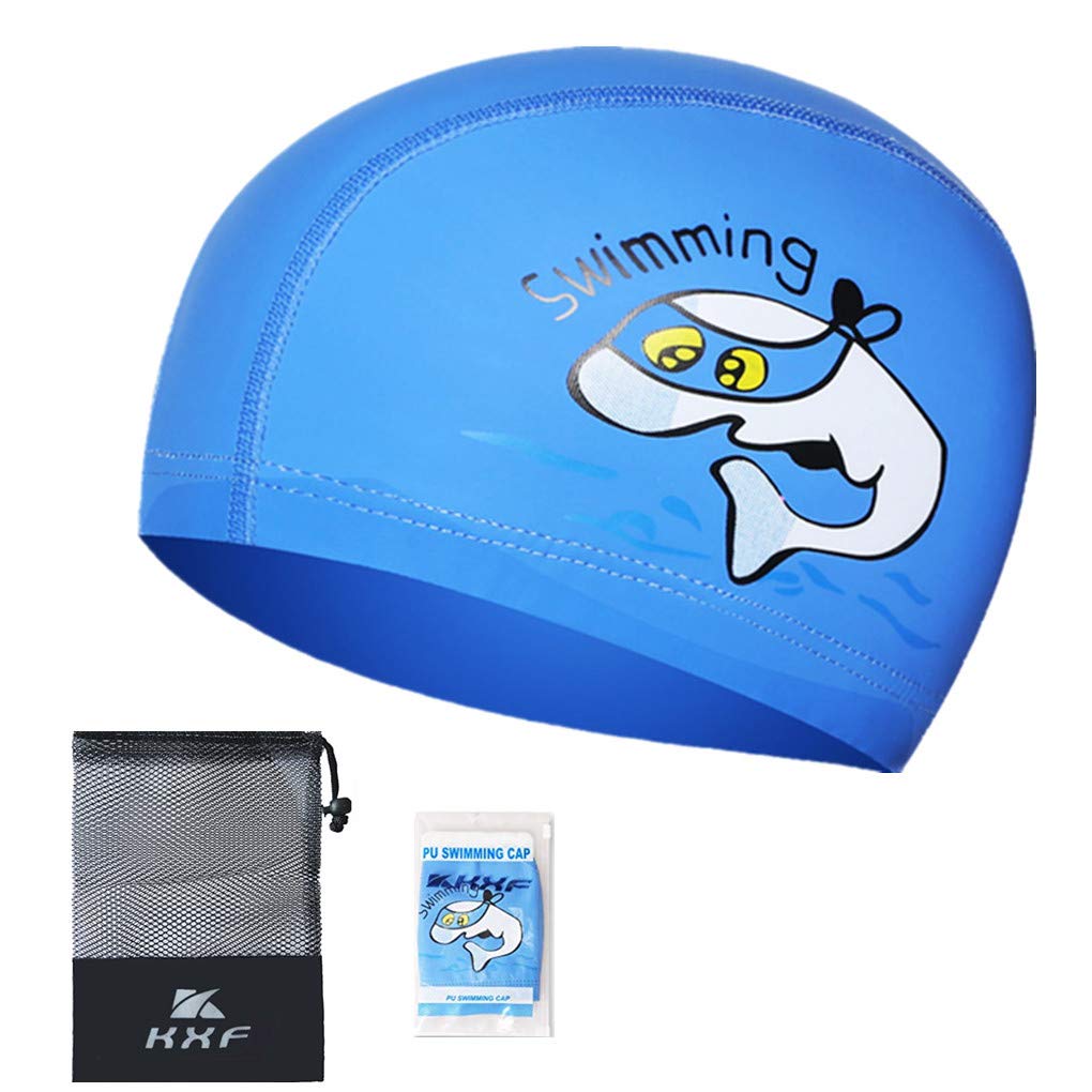Kids Swimming Cap, KXF Swimming Hats Waterproof PU Bathing Cap Care Ear Protection Elastic Swim hat with Coating Cartoon Pattern for Children Kids Boys Girls Age 6-10