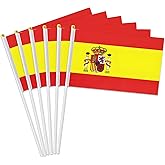 12 Pack Small Spain Flags on Stick, 5x8'' Handheld Spanish Flag, 12'' Plastic Staff, Double-Sided Printed Polyester, Waterproof Fade-Resistant for Independence Day, Parades, Patriotic Events