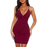 OWIN Women Sexy V Neck Mini Dress Adjustable Spaghetti Straps Club Sleeveless Bodycon Ruched Waist Party Dresses