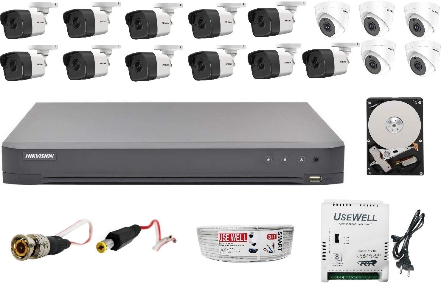 HIKVISION Ultra HD 5MP Cameras Combo KIT 16CH DVR with 2 SATA+ 11 Bullet Cameras + 5 Dome Cameras+ 4 TB Hard DISC+ Wire ROLL +Supply & All Required Connectors, Techno-Krat