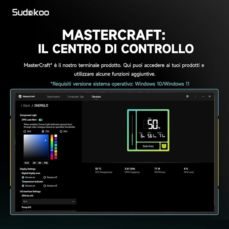 ENERGLO 240 Dissipatore Liquido 240mm: AIO 240mm con Schermo LCD a Segmenti - Raffreddamento Liquido PC con Due Ventole PWM FDB & Pompa 2500-3400 PWM, Intel LGA1851/1700/1200/115X AMD AM5/AM4