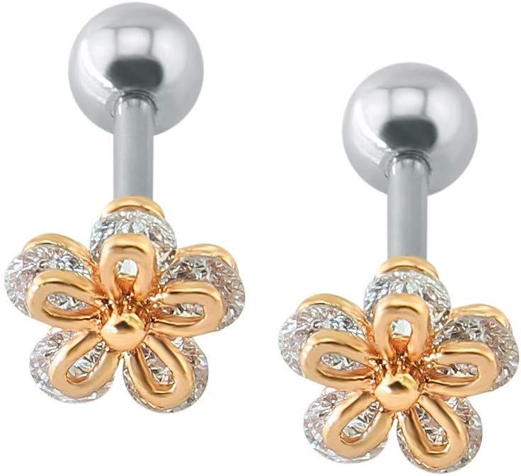 Arendelle Baby/Toddler Safety Screw Back Cubic Zirconia Flower Earrings with Rose Gold Design [AER112]