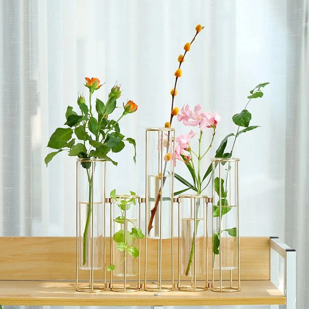 Test Tube Vase for Flowers Set of 5 Glass Vase with Iron Stand Racks Hydroponic Test Tube, Gold Hinged Plant Vases Display Set Gold Vases for Centerpieces Home Decor