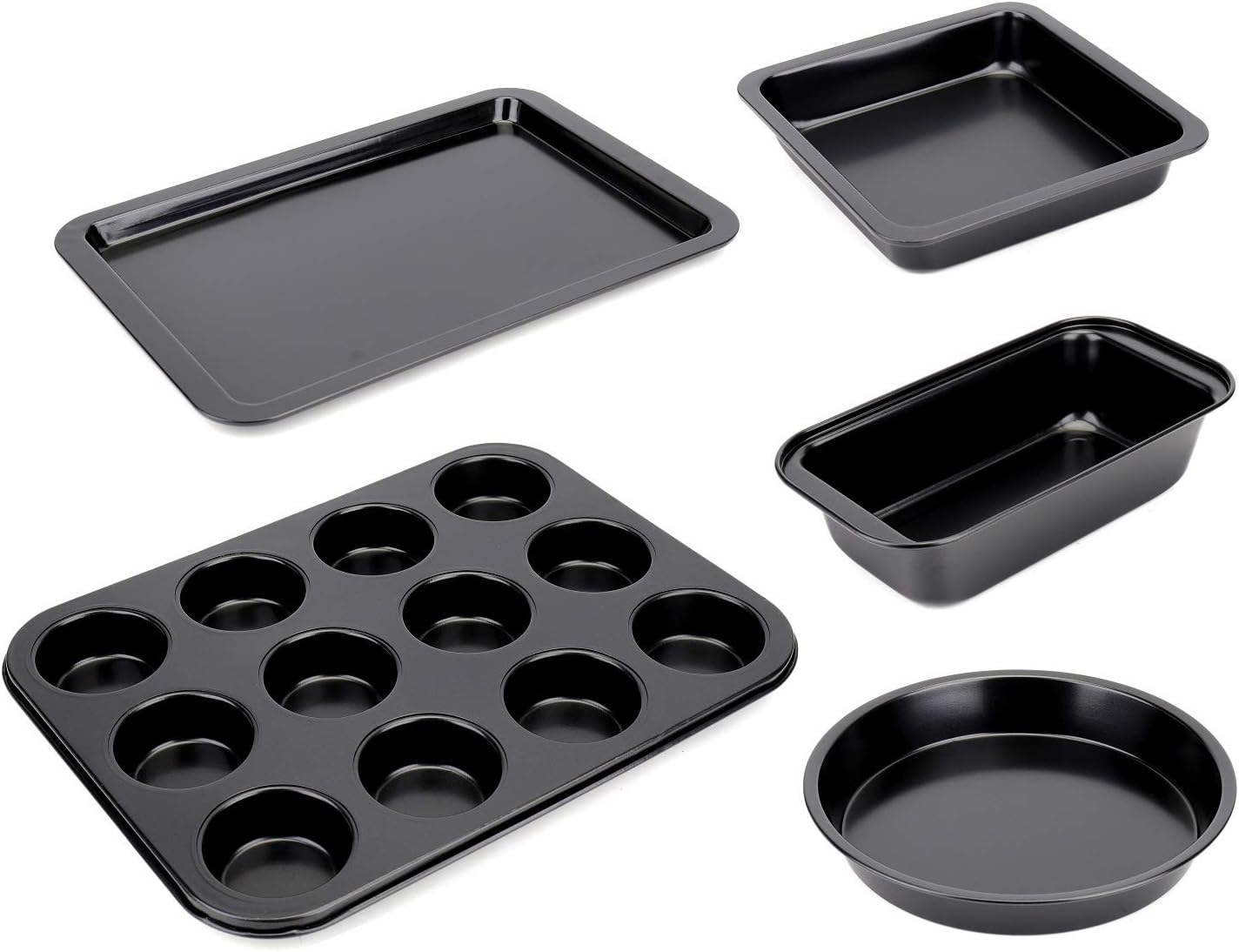 Tebery 5 Pack Nonstick Bakeware Set Includes Cookie Sheet, Loaf Pan, Square Pan, Round Cake Pan, 12 Cups Muffin Pan: Kitchen & Dining