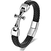 BIYONGDE Men's Cross Bracelet, Black Braided Leather with Silver Crucifix Cross, Classic Christian Jewelry, Faith Bracelet for Men