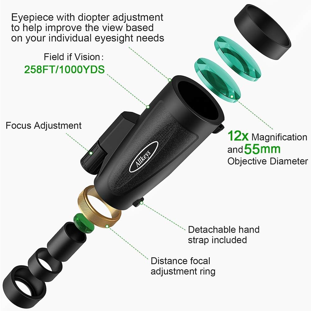 Allkeys 16x55 High Definition Monocular Telescope and Quick Smartphone Holder, 2020 Newest Waterproof Monocular, Day & Low Night Vision, BAK4 Prism for Wildlife Bird Watching Hunting : Camera & Photo