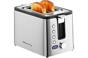 Mecity Toaster 2 Slice Stainless Steel Toaster Countdown Timer, Bagel/Defrost/Reheat/Cancel Functions,Warming Rack, Removable Tray, 6 Browning Settings, Extra Wide Slots, Bread Toaster, 800W