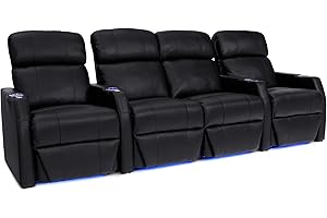 Seatcraft Sienna Home Theater Seating, Living Room, Italian Leather, Power Recline, Space-Saver Armrests, Tray Tables, Ambient Base Lighting and Lighted Cupholders (Row of 4 Middle Loveseat, Black)