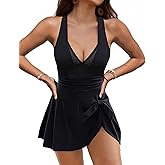 VIMPUNEC One Piece Swim Dress for Women Tummy Control Bathing Suit Mesh Tie Knot Skirt Swim Suits