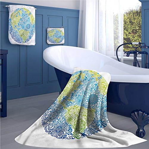 Earth Print bathroom accessories set Climate Change Themed Our Planet with Ethnic Floral Leaves Environment Artwork personalized hand towels set Blue Lime Green