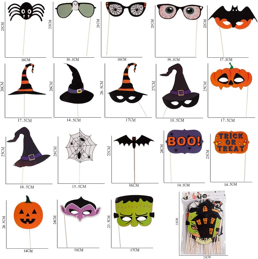 PUSITI Pre-assembled Halloween Photo Booth Props 35 Pieces Party Favors Decorations Halloween Props Pumpkin Ghost Lips Skull Glasses Wizard Hat Spider Mask Pose Sign Kit Funny Halloween Photo Booth Props 2020 Version: Toys & Games
