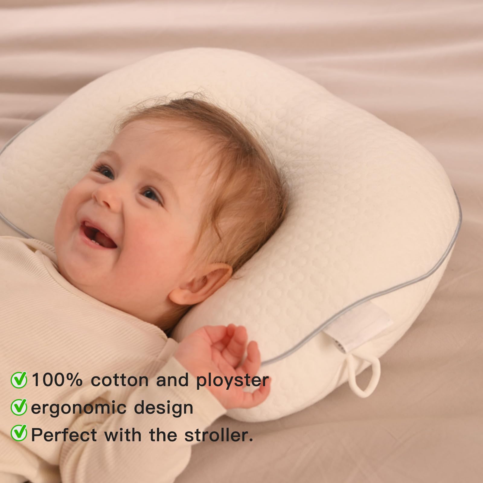 Baby Head Pillow Upgraded Flat Head Pillow, Baby Neck Support for Carseat Soft and Breathable Ergonomic Design, White
