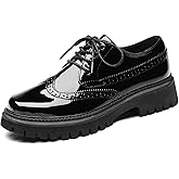 IUY Womens Vintage Oxford Shoes Platform Lace-up Round Toe Patent Leather Brogues Casual Oxfords for Girls Ladies Women