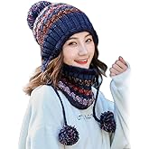 Women Winter Beanie Hat Circle Scarf Set Pompoms Peruvian Ski Snow Ear Flaps Cold Weather Warm Sherpa Knit Hats Fleece Lined