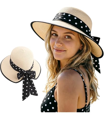 Trendy Apparel Shop Summer Polka Dot Ribbon Band Wide Brim Straw