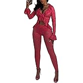 acelyn Women 2 Piece Lace Sets Sexy Bodycon Mesh Sheer Floral Lace Legging Pants Club Outfits Long Sleeve Ruffle Cardigans
