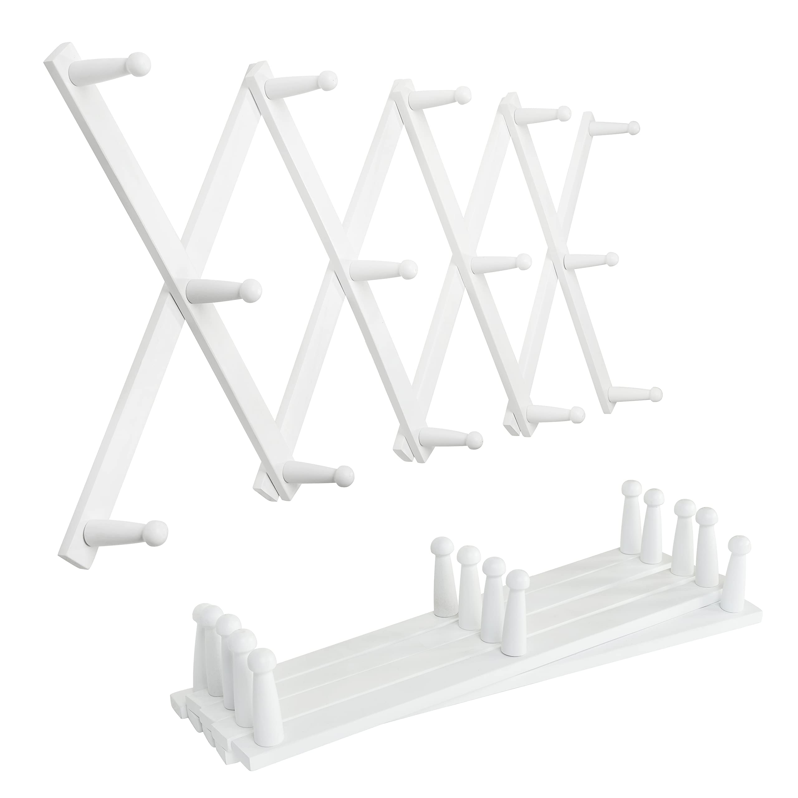 SKOLOO Accordion Wall Hanger, Expandable Coat Rack Wall Mounted, Solid Wooden Wall Hat Rack, 14 Peg, Pack of 2, White